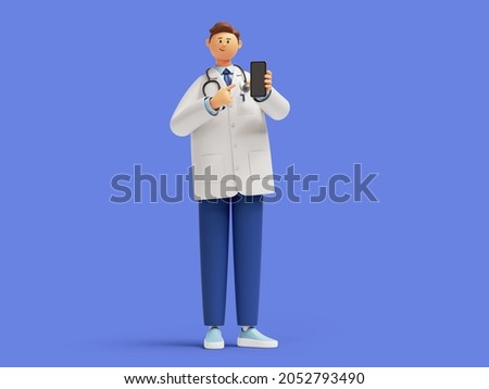3d render. Doctor cartoon character shows smart phone device with blank screen. Clip art isolated on blue background. Medical application concept