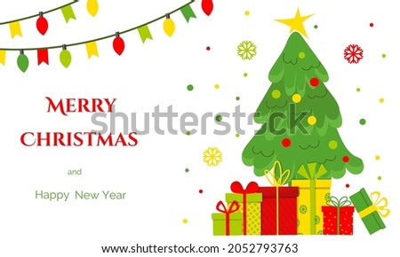 Celebration poster with different gift boxes, Christmas tree, lights. Flat vector illustration.