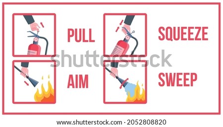Cartoon Color How to Use a Fire Extinguisher Concept Banner Poster Card Set Flat Design Style. Vector illustration