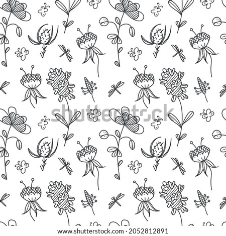 Seamless vector floral doodle pattern white background. Ornament from branches with leaves and flowers. A pattern from sketches of flowers.