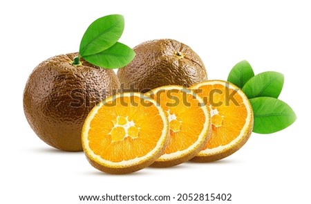 Two sweet chocolate orange fruit and ring slice with green leaf isolated on white background. Clipping Path. Full depth of field. Royalty-Free Stock Photo #2052815402