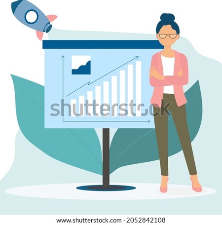 Business woman illustration showing marketing strategy graph with business growth