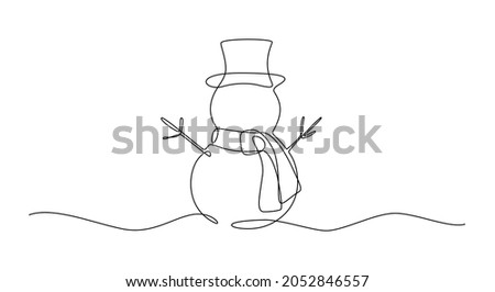 Continuous one line drawing of christmas Snowman in hat with scarf. Cute Winter character in doodle style. Liner Vector illustration Royalty-Free Stock Photo #2052846557