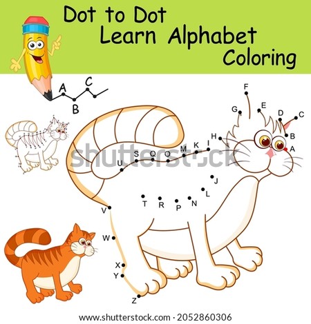 Dot to dot game with letters for kids. Learning the uppercase letters of the English alphabet with cute cartoon Cat. Logic Game and Coloring Page for preschool. Worksheet for practicing alphabet.