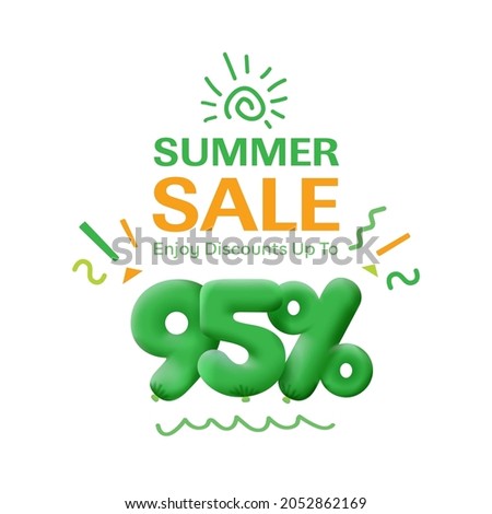 Special offer sale 95% discount 3D number Green tag voucher vector illustration. Discount season label 95 percent off promotion advertising summer sale coupon promo marketing banner holiday weekend