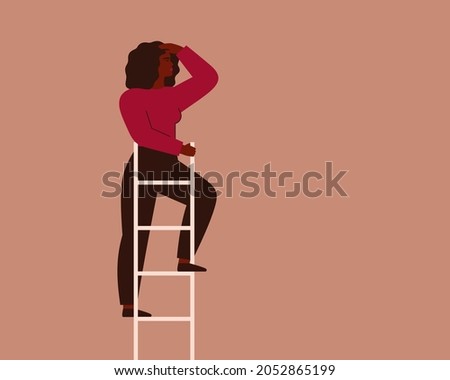 Businesswoman looks into the future at the top of ladder. Female entrepreneur searches for opportunities and new business ideas. Concept of choosing the direction of development. Vector illustration Royalty-Free Stock Photo #2052865199