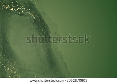Modern watercolor background or elegant card design or wallpaper or poster with abstract khaki green ink waves and golden splashes. Royalty-Free Stock Photo #2052870803