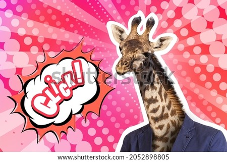 A man with head of giraffe. Click logo on red background. Giraffe in business jacket. Creative collage. Art collage on theme of business. Creative banner with animals. Magazine style animals