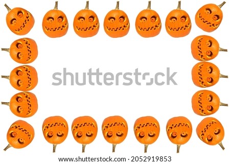Pumpkin Picture Frame for Halloween. Menu board or Picture Frame of Happy Smiling Jack O Lantern Pumpkins. Isolated on white. Clipping Path. 