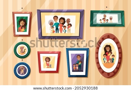Big African American family photos portraits in colored frames on wall. Mother and father with baby, grandparents and children. Vector cartoon flat illustration Royalty-Free Stock Photo #2052930188