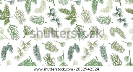 Winter pine and spruce vector seamless pattern, evergreen plant, tree and fir branch, cedar twig background, Christmas and New Year decoration, nature print. Holiday illustration