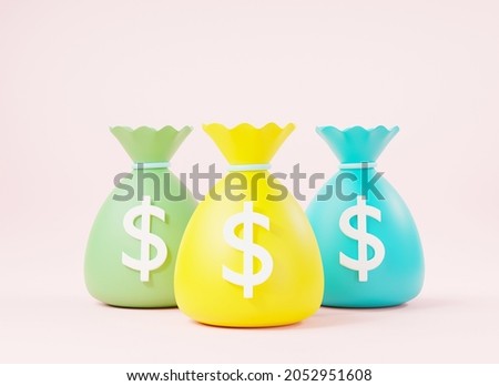 Three money bag with dollar icon cash, Canvas money sacks, business and finance, return on investment sign concept, moneybag simple cartoon on pink background, 3D rendering illustration