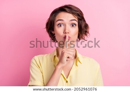 Photo of young woman cover lips finger shh confidential shut up keep secret isolated over pink color background Royalty-Free Stock Photo #2052961076
