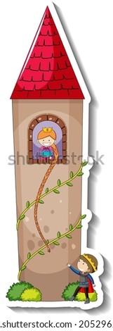 Sticker template with Rapunzel in the castle tower isolated illustration