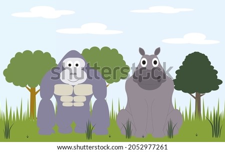 Cartoon illustration of a gorilla and a rhino