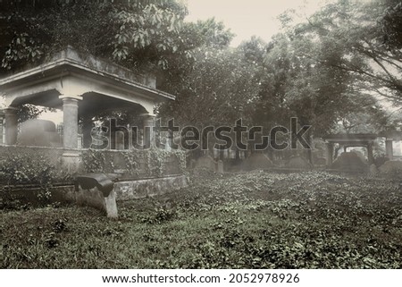 Tombstones on the graveyard with the dramatic scene background. Halloween concept