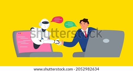 businessman and robot shaking hands from laptops online internet technology artificial intelligence vector illustration