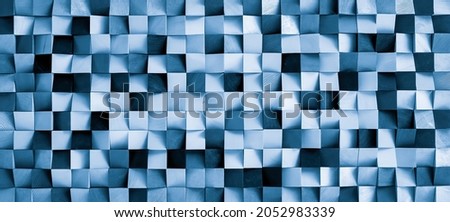 Wood block wall cubic texture background in blue filter . Modern contempolary woodwork wallpaper artwork design .