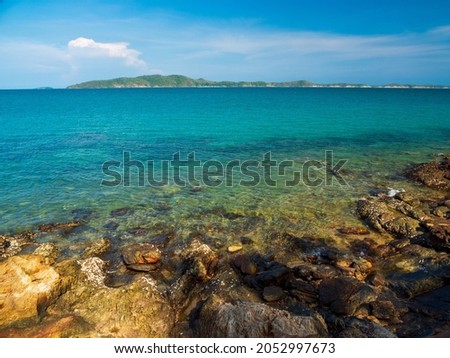 landscape view summer blue sea calm wave. wind blows cool And still see rock distance still island And sky clear look relaxed. Suitable relax travel"Khao Leam Ya National Park" Rayong Thailand Pacific