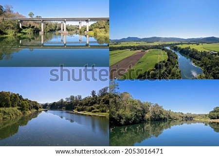 A peaceful country creek winding through the landscape and the bridges across it. Collage of images, Platypus Beach, Mackay, Queensland, Australia.