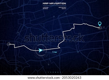 Route dashboard with city map navigation interface. Car GPS navigator screen, future autopilot system display with city streets and blocks, route distance data, path turns and destination tag or mark Royalty-Free Stock Photo #2053020263