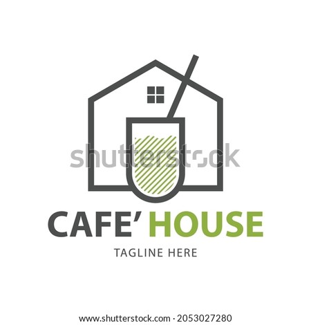 Cafe House logo template design. home line design and a cup of tea. Vector line art icon template