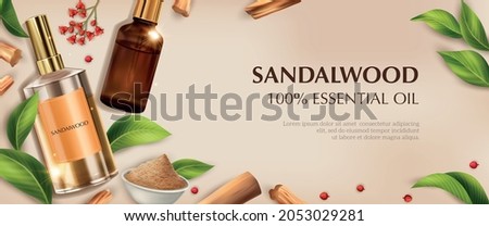 Realistic sandalwood horizontal composition with images of perfume oil vials powder ripe leaves and editable text vector illustration Royalty-Free Stock Photo #2053029281