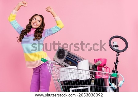Photo of young lady rejoice victory sell online old-stuff blogger conservation recycle emotion isolated over pink color background