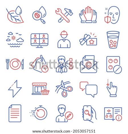 Business icons set. Included icon as Food, Spanner tool, Scissors signs. Medical tablet, Face protection, Edit person symbols. Touchscreen gesture, Ice tea, Loyalty gift. Smile, Travel sea. Vector