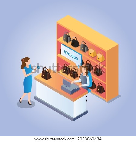 Woman buying an expensive bag with on credit 3d isometric vector illustration concept for banner, website, landing page template, ads and flyer