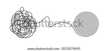 Chaos and order business concept flat style design vector illustration isolated on white background. Tangled disorder turns into spiral order line, find solution. Coaching, mentoring or psychotherapy. Royalty-Free Stock Photo #2053074041