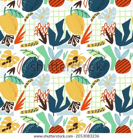 Bright tropical pattern with plants, cage, lemon, leaves, abstract elements. For fabric, packaging, wallpaper, website.