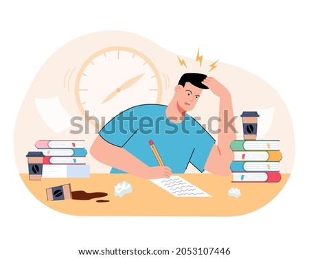Stressed millennial guy studying before college exams. Distressed student meeting deadline doing assignment preparing for test at home with books. Flat vector illustration. Royalty-Free Stock Photo #2053107446