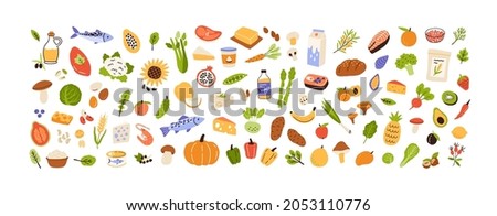 Healthy food set. Vegetables, fruits, milk, mushrooms and fish collection. Natural organic nutrition. Fresh vitamin grocery products. Colored flat vector illustration isolated on white background Royalty-Free Stock Photo #2053110776