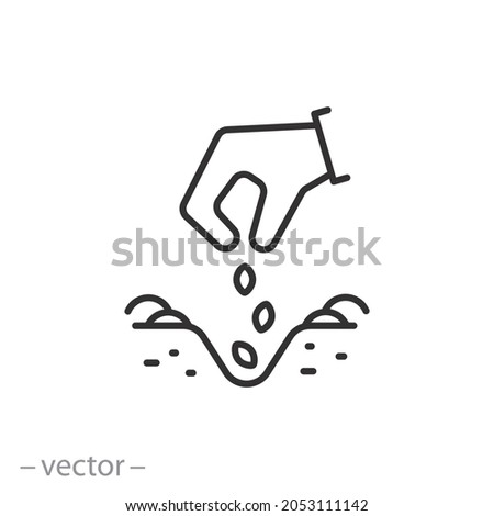 sow seed icon, grain put in soil, hand plant sowing, cultivate harvest, agriculture or farmer concept, thin line symbol on white background - editable stroke vector illustration eps10 Royalty-Free Stock Photo #2053111142