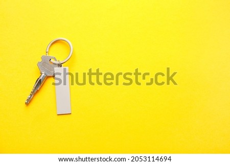 Key with stylish keychain on color background