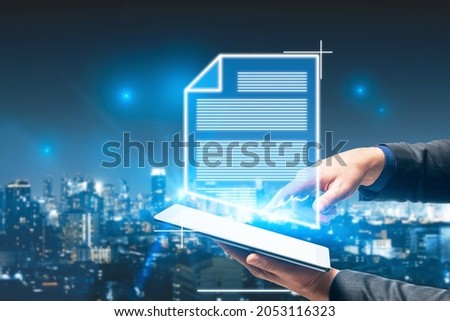 Close up of hand pointing at glowing abstract electronic document with signature on night city background. Digital agreement concept. Double exposure