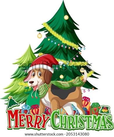 Merry Christmas font with Beagle dog and Christmas tree illustration