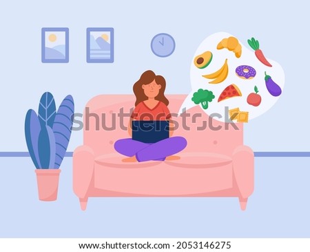 Girl ordering food via mobile app. Woman using laptop at home, buying fruits, vegetables and desserts in supermarket or grocery store flat vector illustration. Delivery service, online order concept
