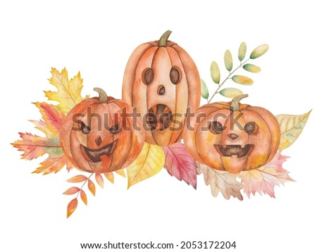 Watercolor illustration hand painted carved jake-o-lantern pumpkins with scary faces on leaves for Halloween isolated. Food clip art element for holiday celebration in autumn, design postcard, poster