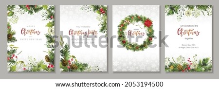 Merry Christmas Corporate Holiday cards, flyers and invitations. Floral festive frames and backgrounds design. Vector illustration.