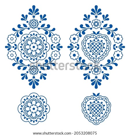 Floral folk art outline vector motif set with flowers, leaves and heart, retro decorations inspired by lace and embroidery patterns, elegant design elements for greeting card, wedding invitation. 