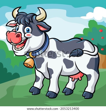 Illustration of A cute Cow cartoon isloated on wonderfull farm.