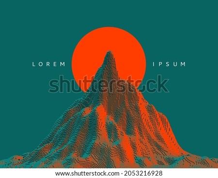 Mountain peak. Sunrise. Futuristic technology backdrop in a voxel art style. Cyberspace concept. 3D vector illustration for brochure, magazine, poster, presentation, flyer or banner. Royalty-Free Stock Photo #2053216928