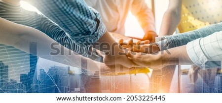 Panoramic Teamwork,empathy,partnership and Social connection in business join hand together concept.Hand of diverse people connecting.Power of volunteer charity work, Stack of people hand. Royalty-Free Stock Photo #2053225445