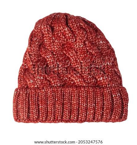 women's red silver hat rough knitting isolated on white background. warm winter accessory