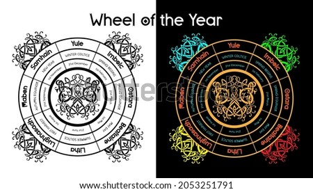 Wheel of the year vector illustration of pagan equinox holidays. Wiccan solstice calendar. Magical seasons, yule, samhain, beltane. Altar poster, wiccan holidays. Royalty-Free Stock Photo #2053251791