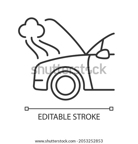 Car engine damage linear icon. Front end collision. Mechanical breakdown. Broken transmission. Thin line customizable illustration. Contour symbol. Vector isolated outline drawing. Editable stroke