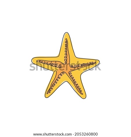 One continuous line drawing of cute starfish for marine logo identity. Sea star creature mascot concept for beachy icon. Modern single line draw design vector illustration