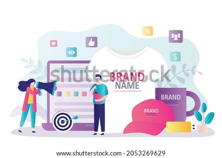 Managers presenting company products. E-commerce and advertising campaign. People advertise custom design clothing. Business to create merchandising. Products with your logo. Flat vector illustration Royalty-Free Stock Photo #2053269629